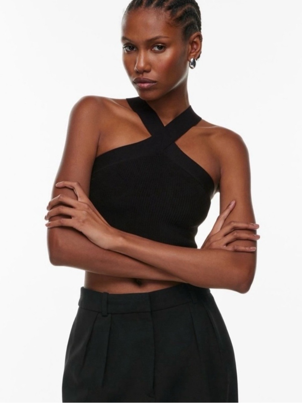 ARITZIA BABATON Black Cross-Neck Ribbed Crop Top